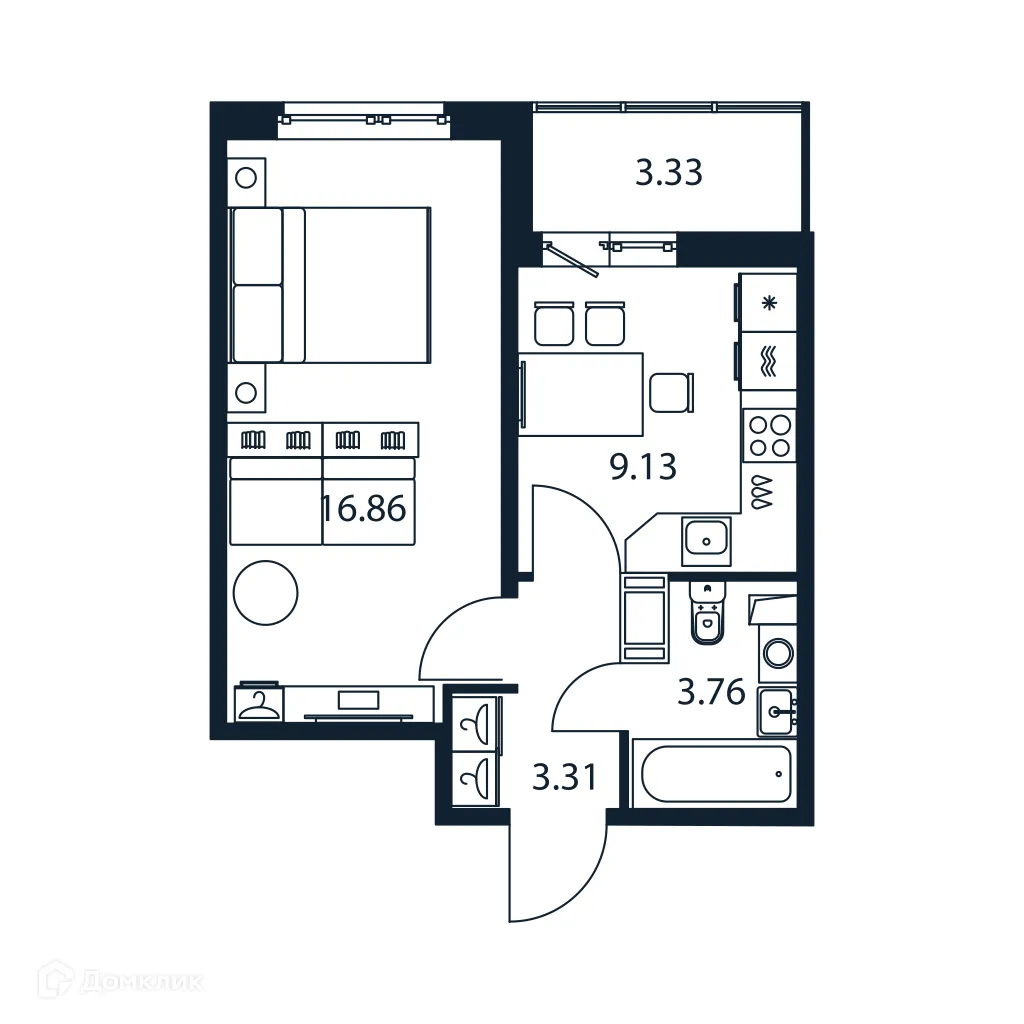 Планировка 1-комнатной квартиры 34.73 м² в ЖК "Полис ЛАВрики", г. Мурино — фото 1