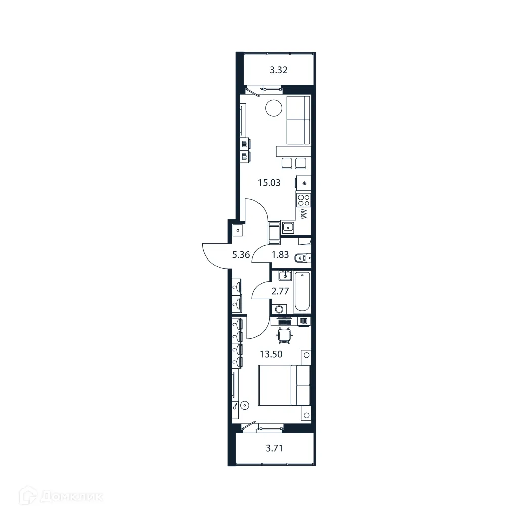 Планировка 1-комнатной квартиры 42.01 м² в ЖК "Полис ЛАВрики", г. Мурино — фото 1