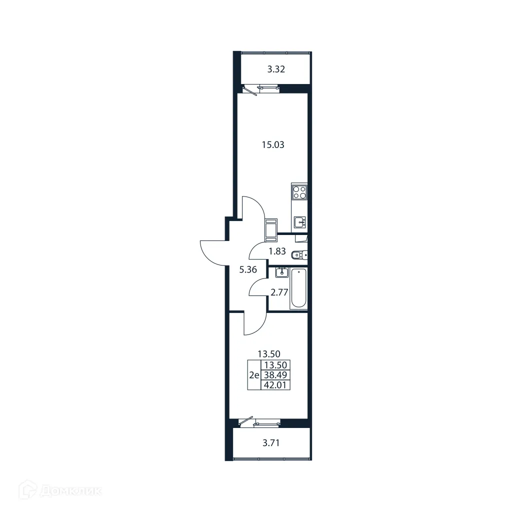 Планировка 1-комнатной квартиры 42.01 м² в ЖК "Полис ЛАВрики", г. Мурино — фото 4