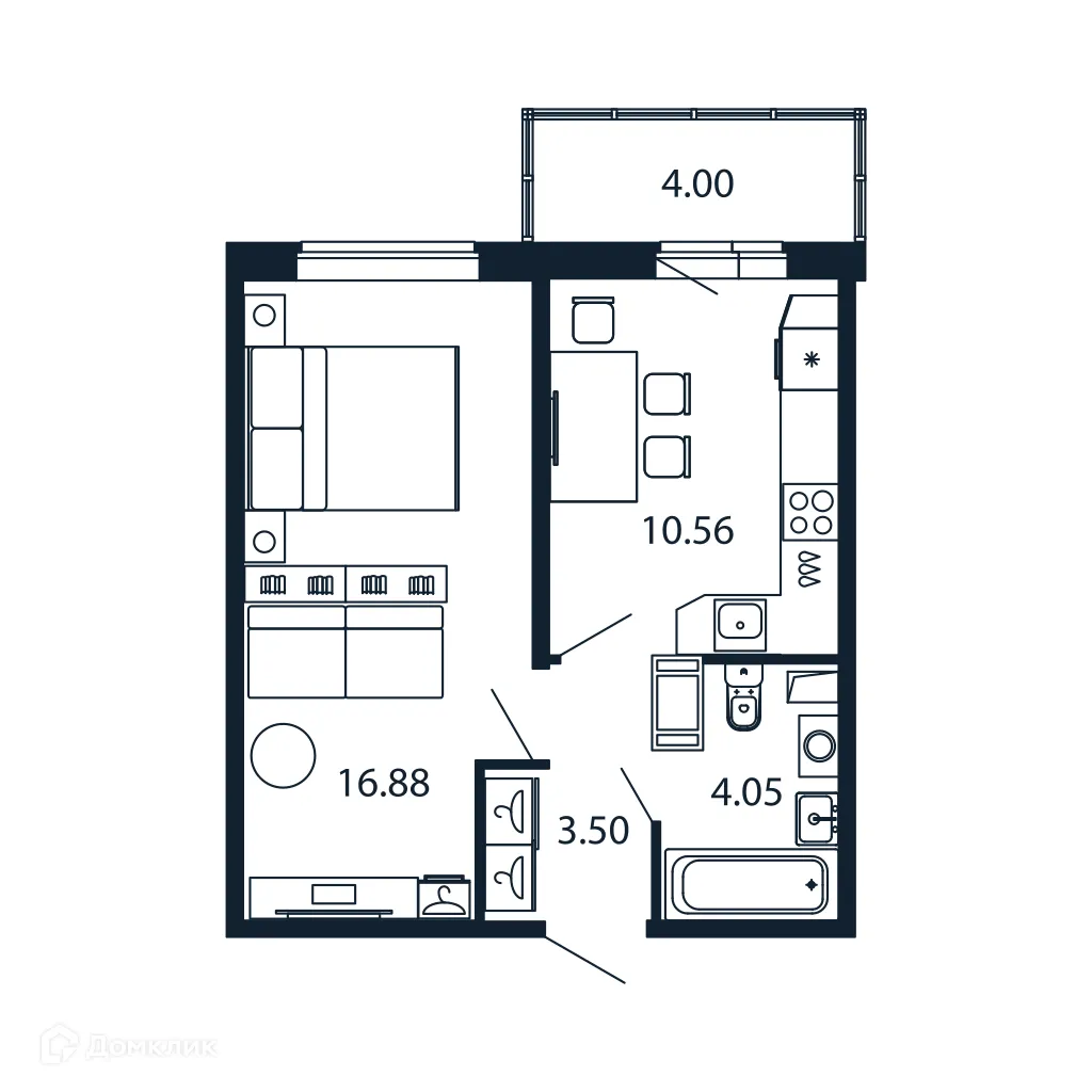 Планировка 1-комнатной квартиры 34.4 м² в ЖК "Полис ЛАВрики", г. Мурино — фото 1