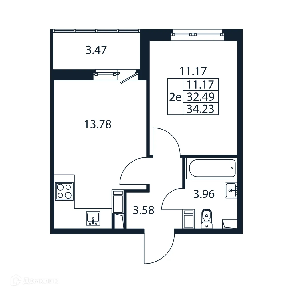 Планировка 1-комнатной квартиры 34.23 м² в ЖК "Полис ЛАВрики", г. Мурино — фото 4