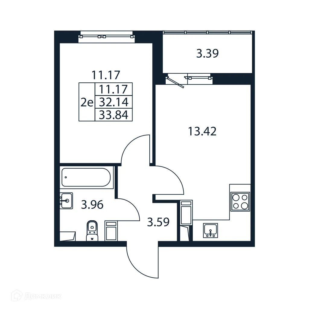 Планировка 1-комнатной квартиры 33.84 м² в ЖК "Полис ЛАВрики", г. Мурино — фото 4