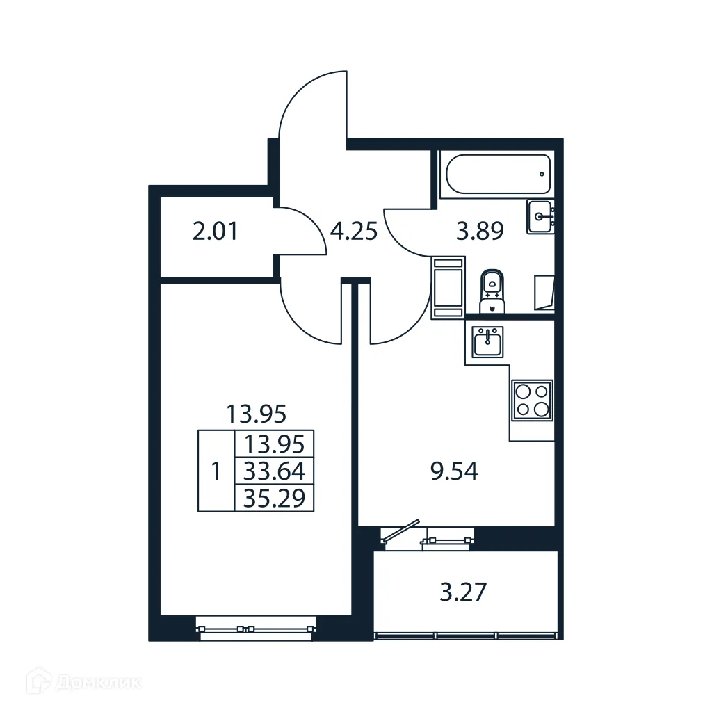 Планировка 1-комнатной квартиры 35.28 м² в ЖК "Полис ЛАВрики", г. Мурино — фото 4