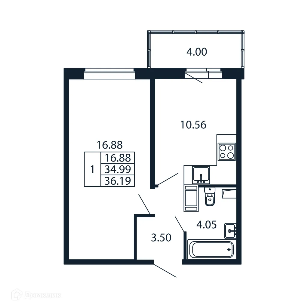 Планировка 1-комнатной квартиры 34.5 м² в ЖК "Полис ЛАВрики", г. Мурино — фото 4
