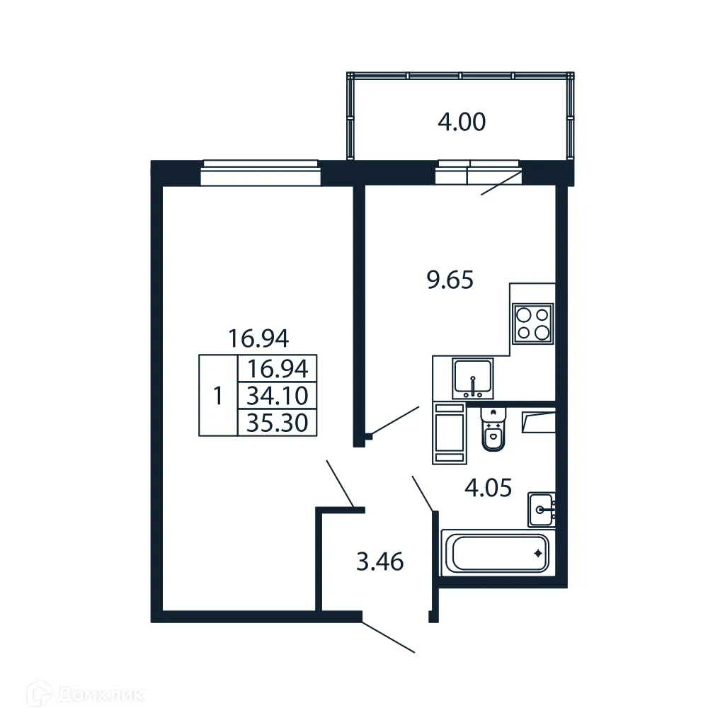 Планировка 1-комнатной квартиры 33.5 м² в ЖК "Полис ЛАВрики", г. Мурино — фото 4