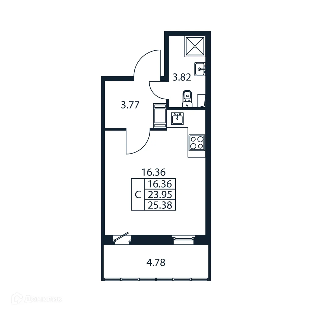 Планировка студии квартиры 25.38 м² в ЖК "Полис ЛАВрики", г. Мурино — фото 4