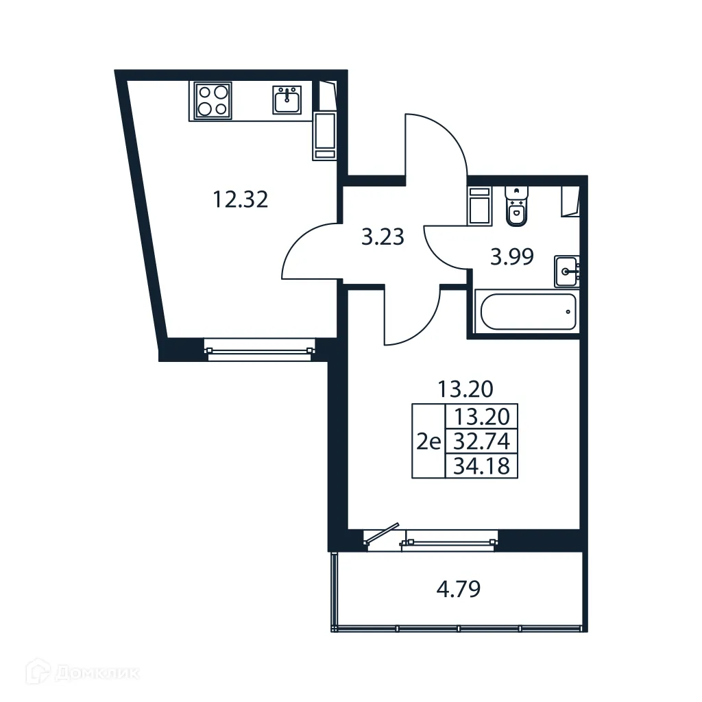 Планировка 1-комнатной квартиры 34.18 м² в ЖК "Полис ЛАВрики", г. Мурино — фото 4