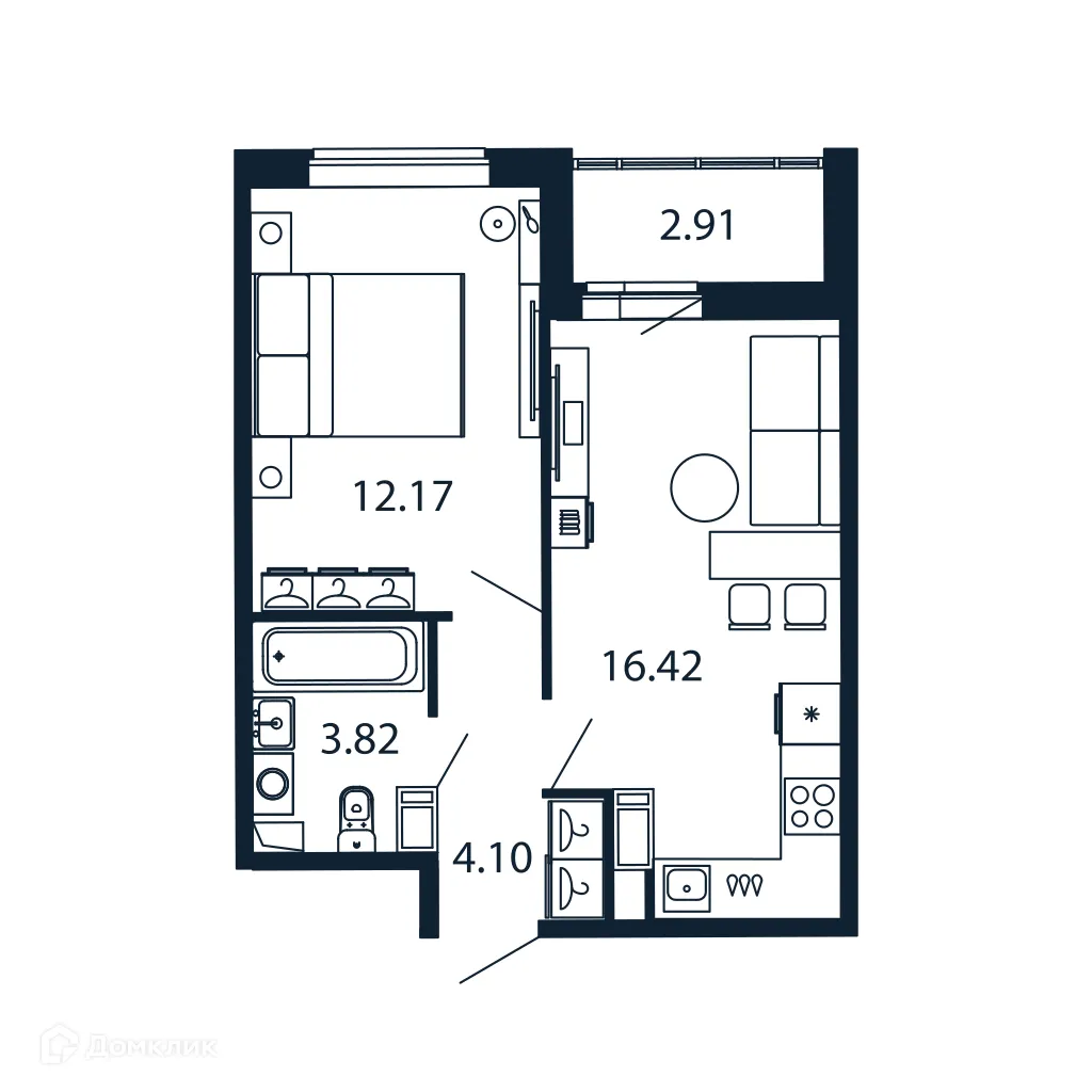 Планировка 1-комнатной квартиры 34.6 м² в ЖК "Полис ЛАВрики", г. Мурино — фото 1