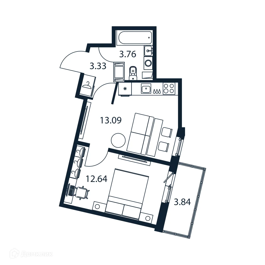 Планировка 1-комнатной квартиры 33.97 м² в ЖК "Полис ЛАВрики", г. Мурино — фото 1