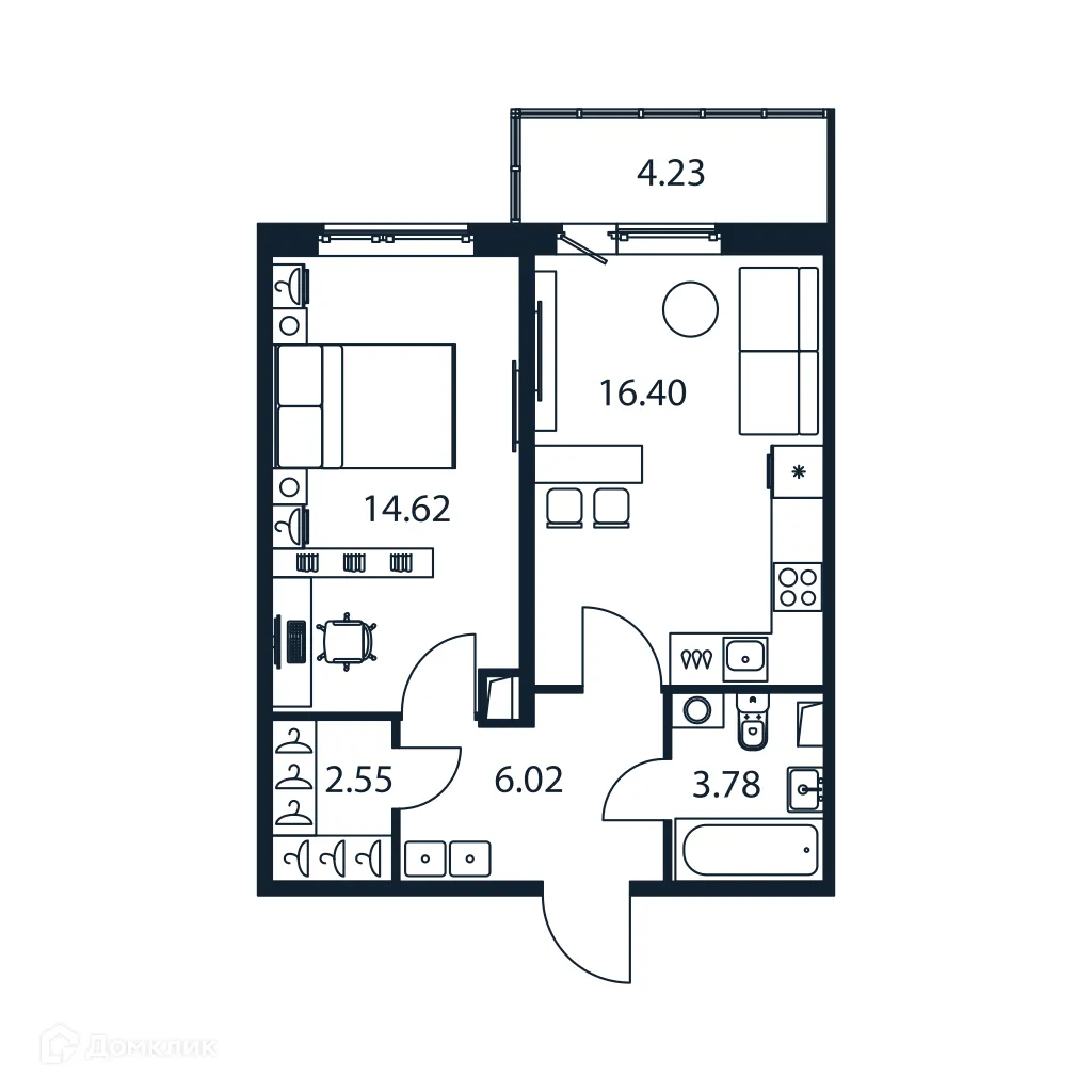 Планировка 1-комнатной квартиры 44.64 м² в ЖК "Полис ЛАВрики", г. Мурино — фото 1