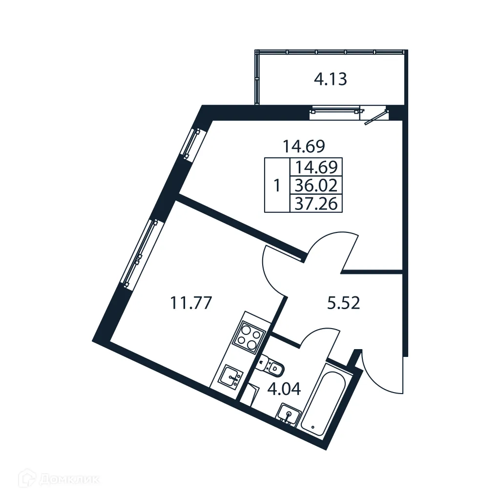Планировка 1-комнатной квартиры 37.26 м² в ЖК "Полис ЛАВрики", г. Мурино — фото 4