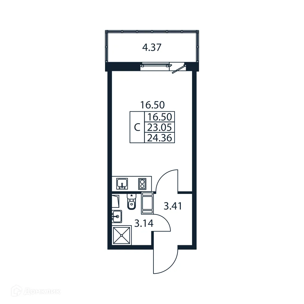 Планировка студии квартиры 24.36 м² в ЖК "Полис ЛАВрики", г. Мурино — фото 4
