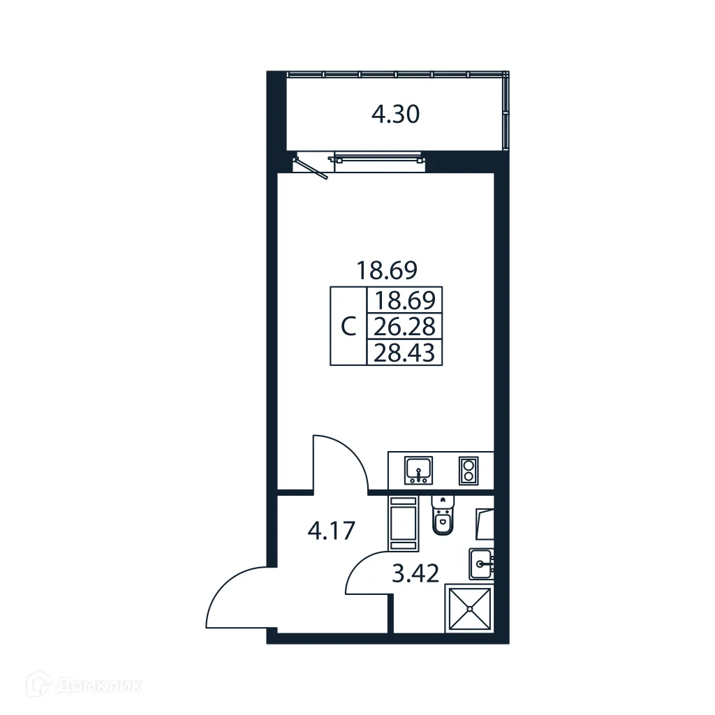 Планировка студии квартиры 28.43 м² в ЖК "Полис ЛАВрики", г. Мурино — фото 4