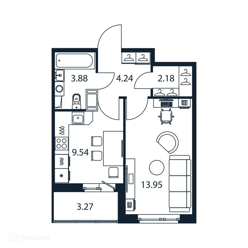 Планировка 1-комнатной квартиры 35.44 м² в ЖК "Полис ЛАВрики", г. Мурино — фото 1