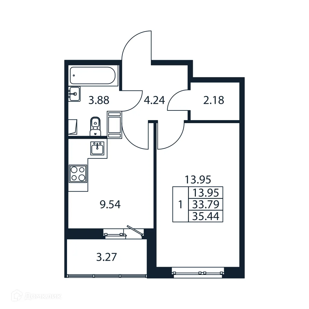 Планировка 1-комнатной квартиры 35.44 м² в ЖК "Полис ЛАВрики", г. Мурино — фото 4