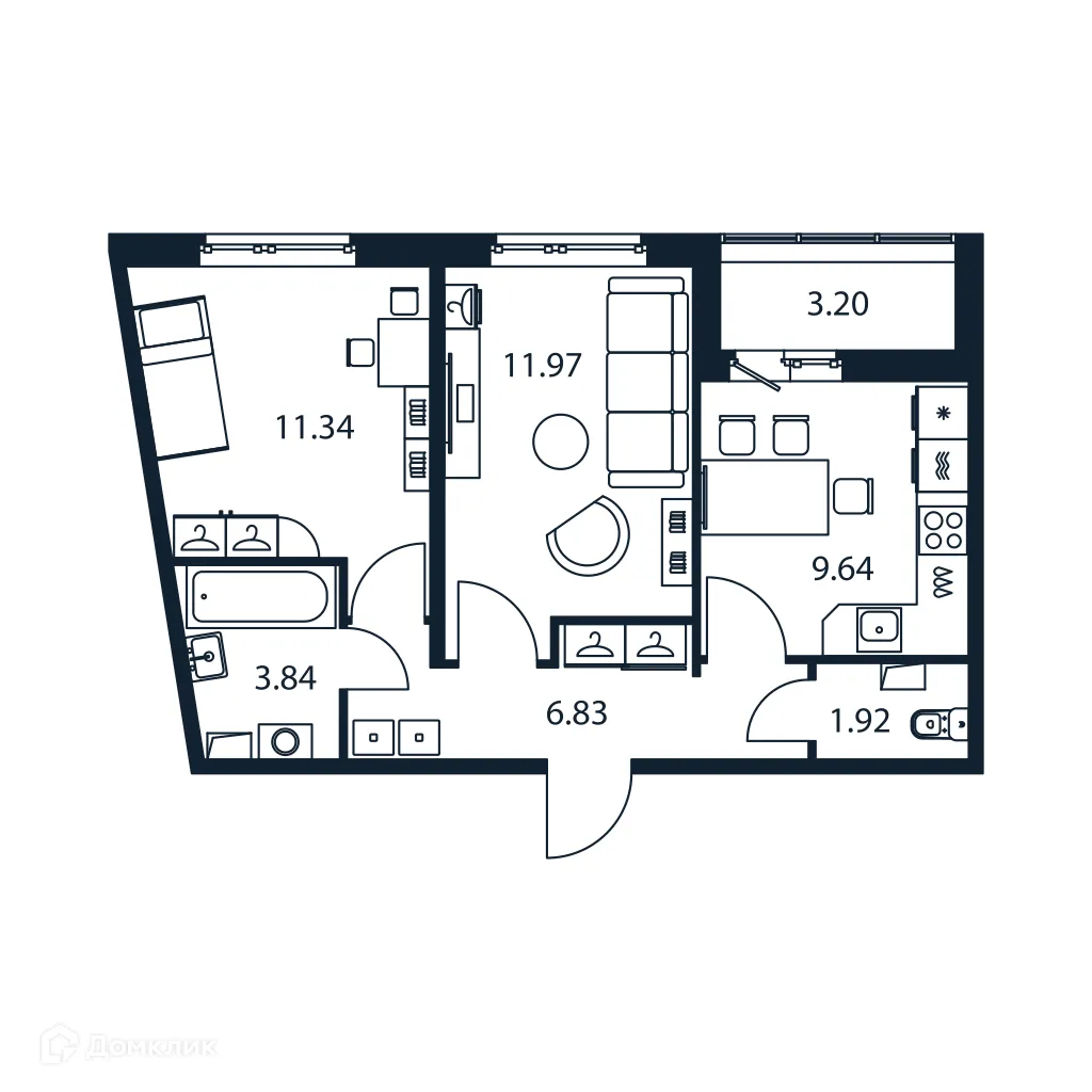 Планировка 2-комнатной квартиры 47.14 м² в ЖК "Полис ЛАВрики", г. Мурино — фото 1