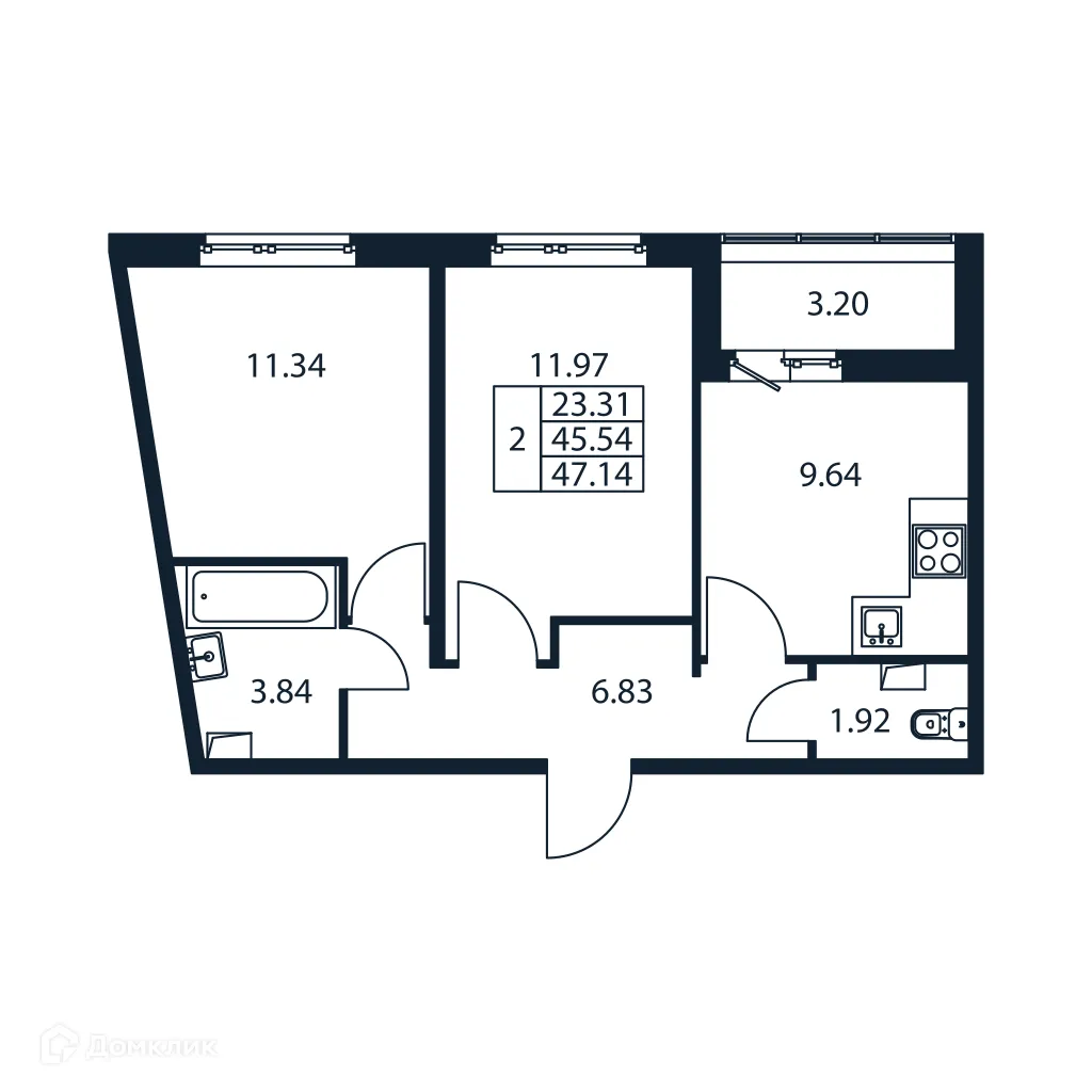 Планировка 2-комнатной квартиры 47.14 м² в ЖК "Полис ЛАВрики", г. Мурино — фото 4
