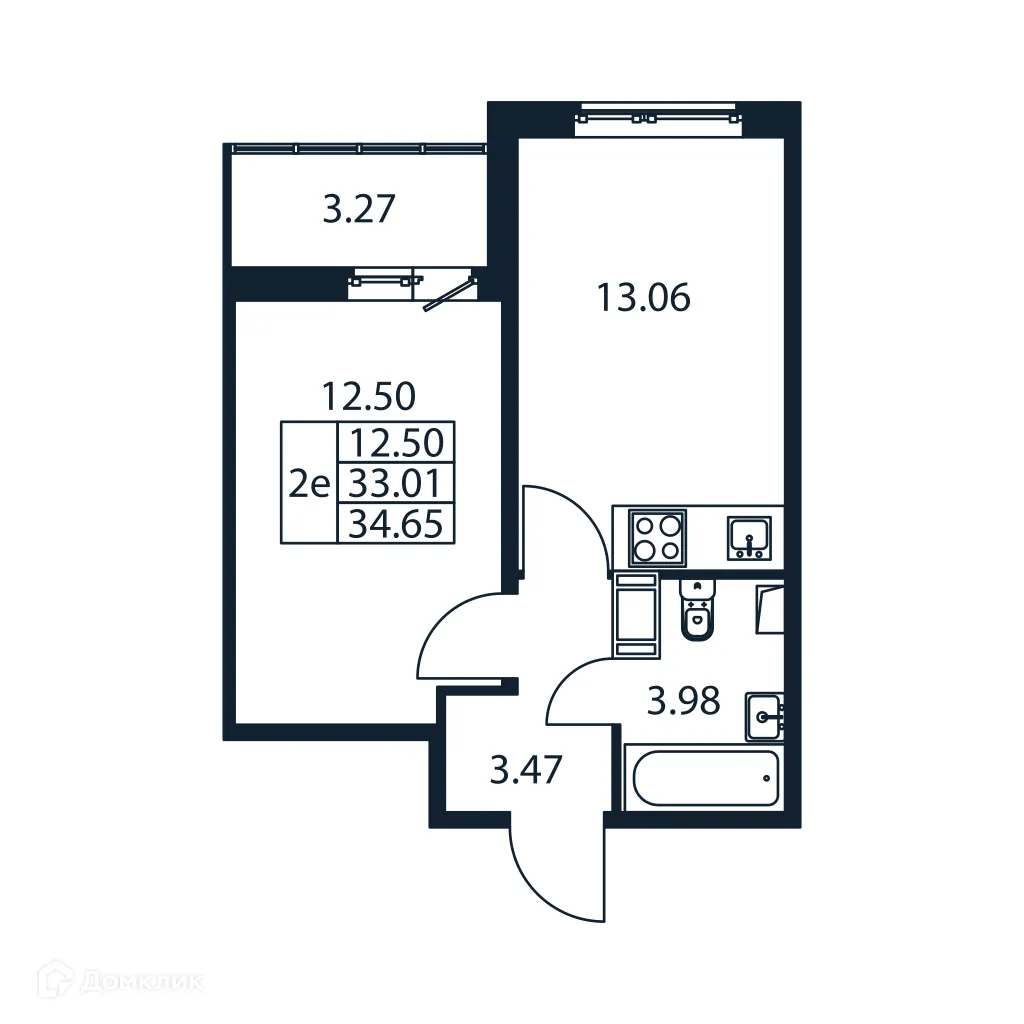 Планировка 1-комнатной квартиры 34.65 м² в ЖК "Полис ЛАВрики", г. Мурино — фото 4