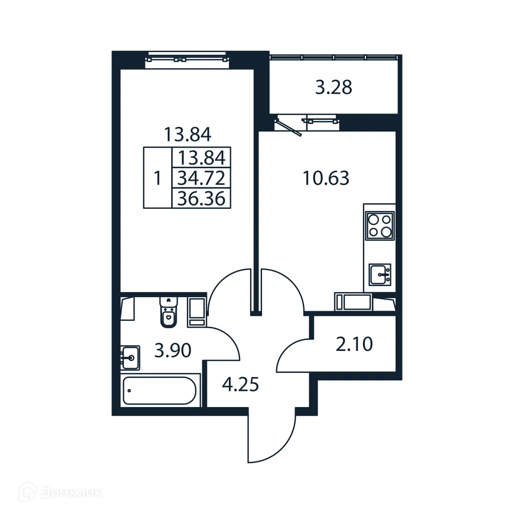 Планировка 1-комнатной квартиры 36.36 м² в ЖК "Полис ЛАВрики", г. Мурино — фото 4
