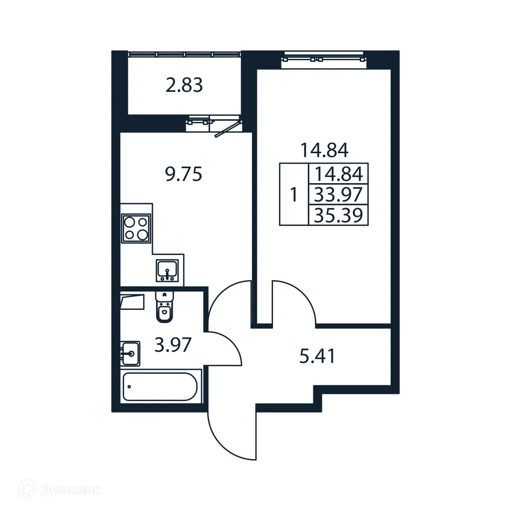 Планировка 1-комнатной квартиры 35.39 м² в ЖК "Полис ЛАВрики", г. Мурино — фото 4