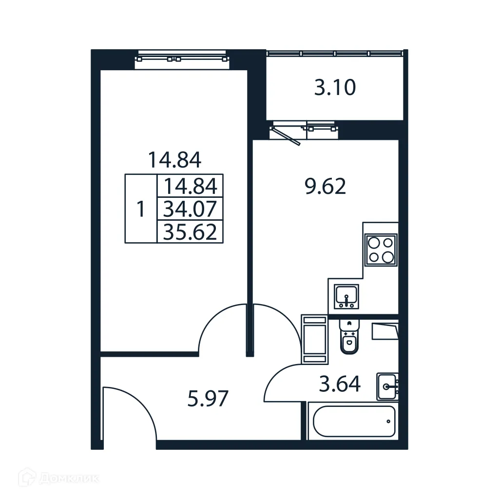 Планировка 1-комнатной квартиры 35.62 м² в ЖК "Полис ЛАВрики", г. Мурино — фото 4