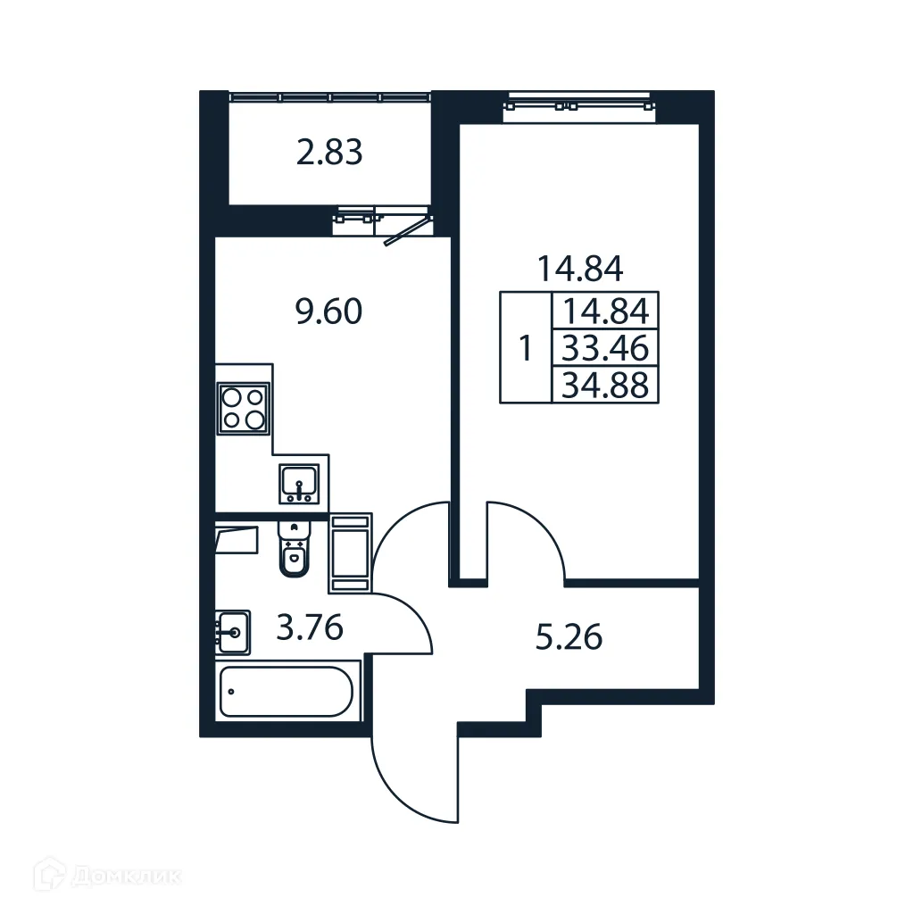Планировка 1-комнатной квартиры 34.88 м² в ЖК "Полис ЛАВрики", г. Мурино — фото 4