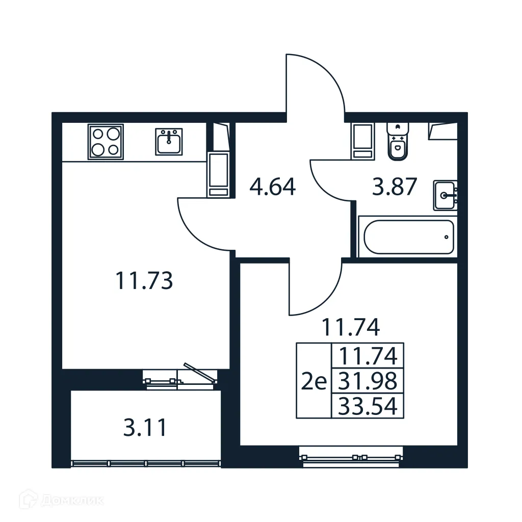 Планировка 1-комнатной квартиры 33.54 м² в ЖК "Полис ЛАВрики", г. Мурино — фото 4