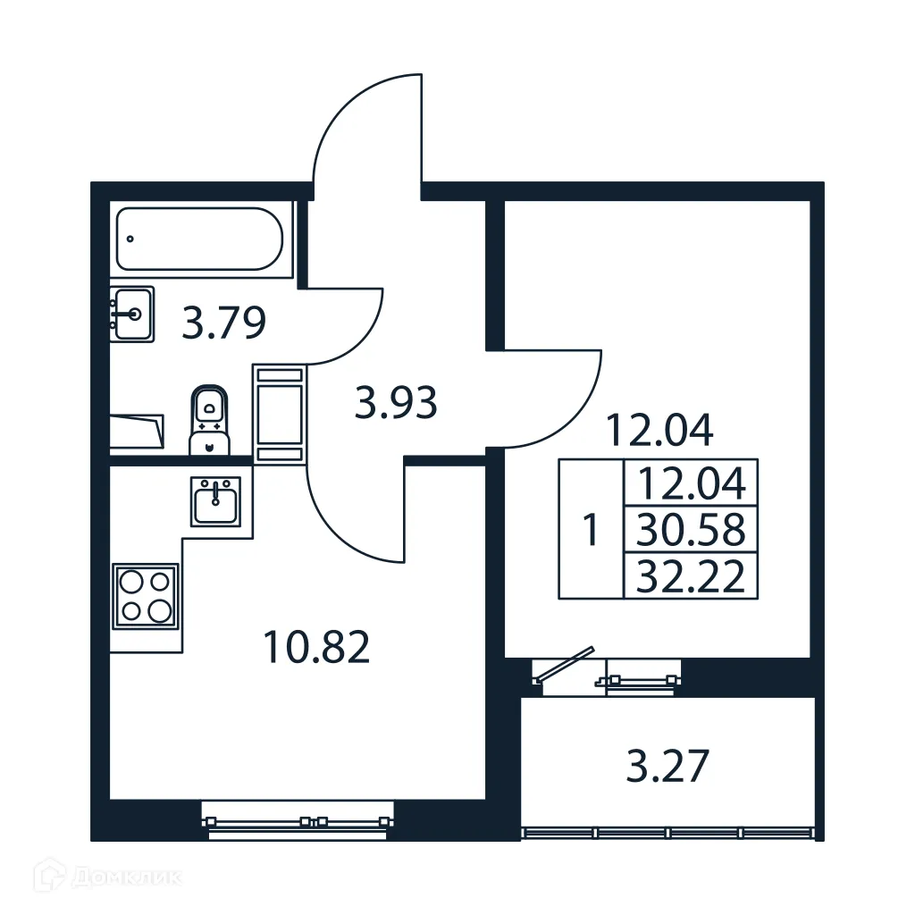 Планировка 1-комнатной квартиры 32.22 м² в ЖК "Полис ЛАВрики", г. Мурино — фото 4