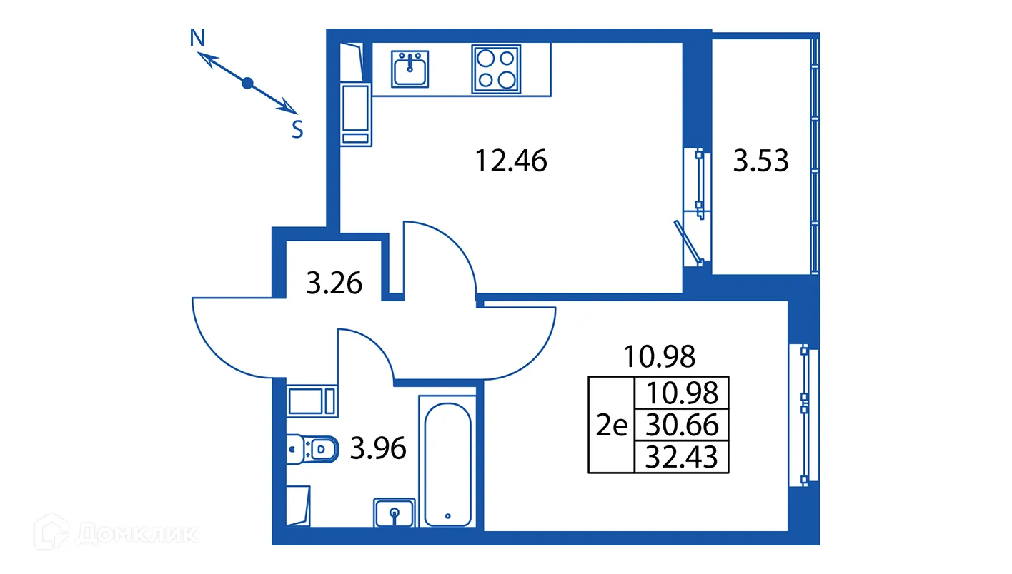 Планировка 1-комнатной квартиры 32.43 м² в ЖК "Полис ЛАВрики", г. Мурино — фото 2