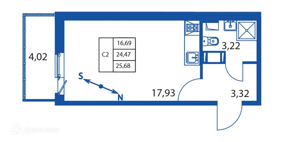 Планировка студии квартиры 25.68 м² в ЖК "Полис ЛАВрики", г. Мурино — фото 2
