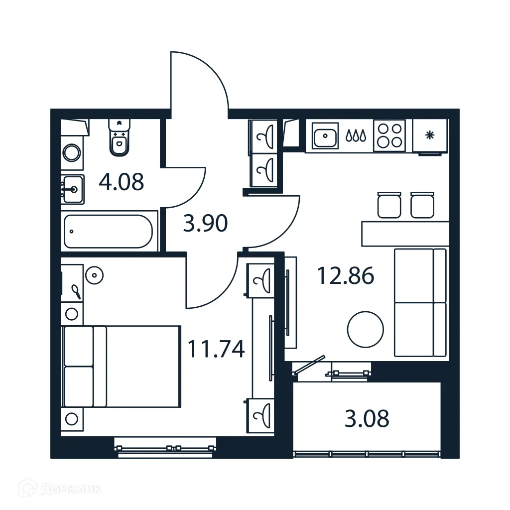 Планировка 1-комнатной квартиры 34.12 м² в ЖК "Полис ЛАВрики", г. Мурино — фото 1