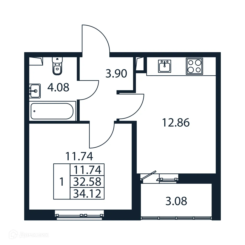 Планировка 1-комнатной квартиры 34.12 м² в ЖК "Полис ЛАВрики", г. Мурино — фото 4