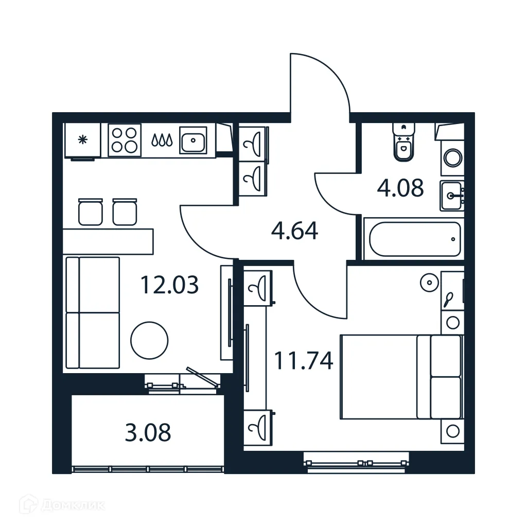 Планировка 1-комнатной квартиры 34.03 м² в ЖК "Полис ЛАВрики", г. Мурино — фото 1