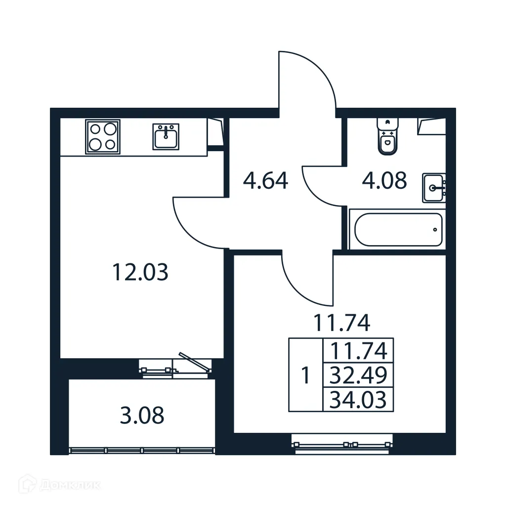 Планировка 1-комнатной квартиры 34.03 м² в ЖК "Полис ЛАВрики", г. Мурино — фото 4