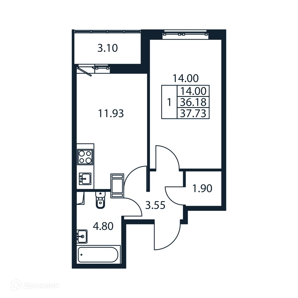 Планировка 1-комнатной квартиры 37.73 м² в ЖК "Полис ЛАВрики", г. Мурино — фото 4