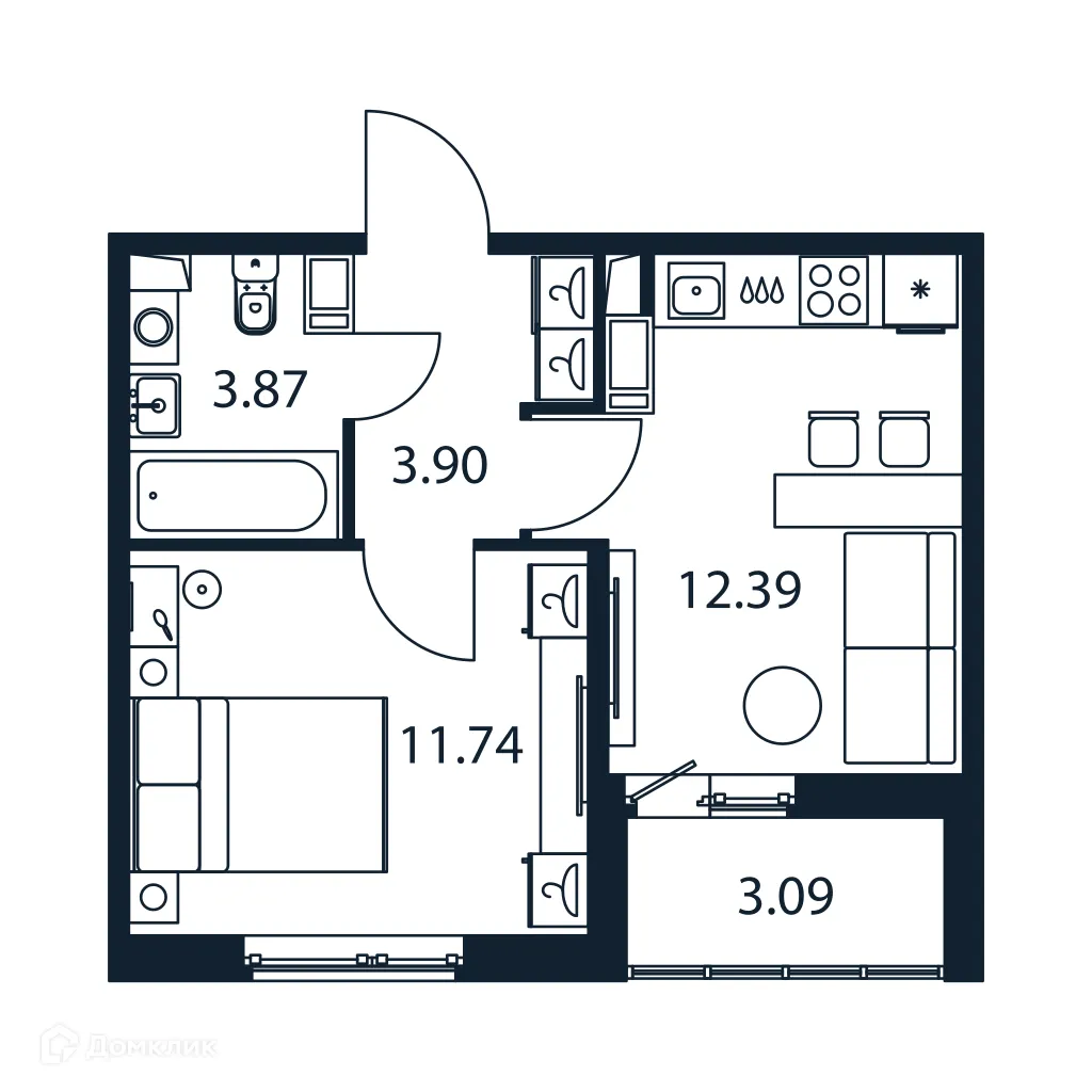 Планировка 1-комнатной квартиры 33.45 м² в ЖК "Полис ЛАВрики", г. Мурино — фото 1