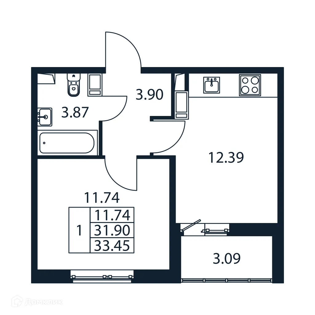 Планировка 1-комнатной квартиры 33.45 м² в ЖК "Полис ЛАВрики", г. Мурино — фото 4