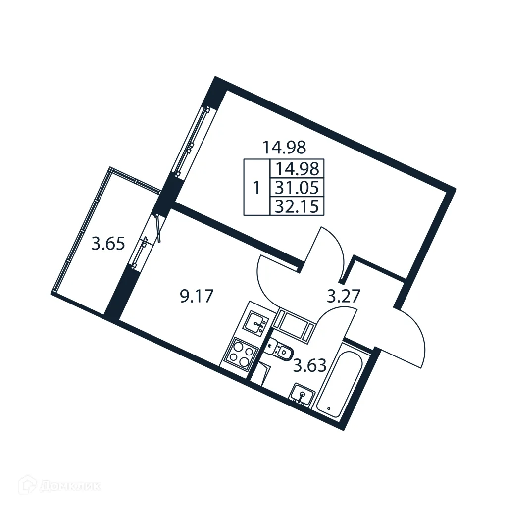 Планировка 1-комнатной квартиры 32.15 м² в ЖК "Полис ЛАВрики", г. Мурино — фото 4