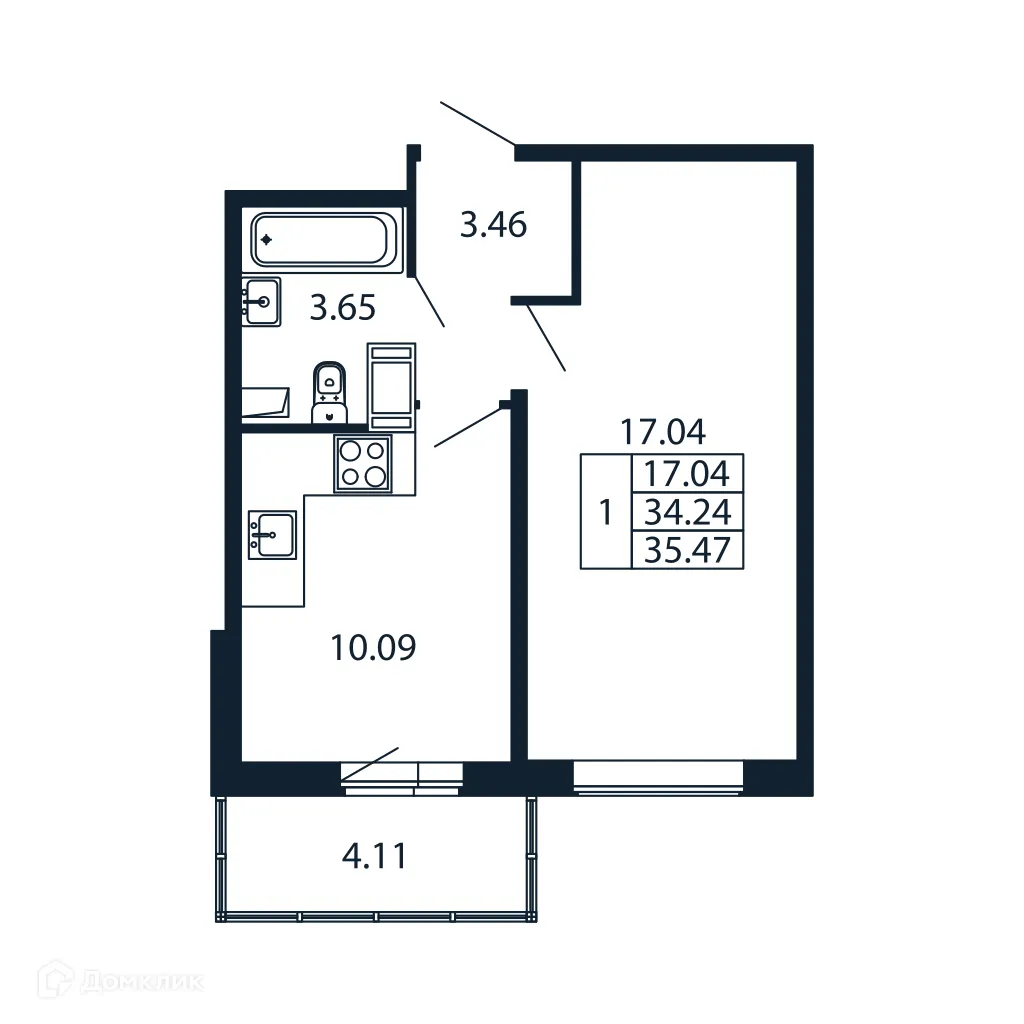 Планировка 1-комнатной квартиры 33.8 м² в ЖК "Полис ЛАВрики", г. Мурино — фото 4