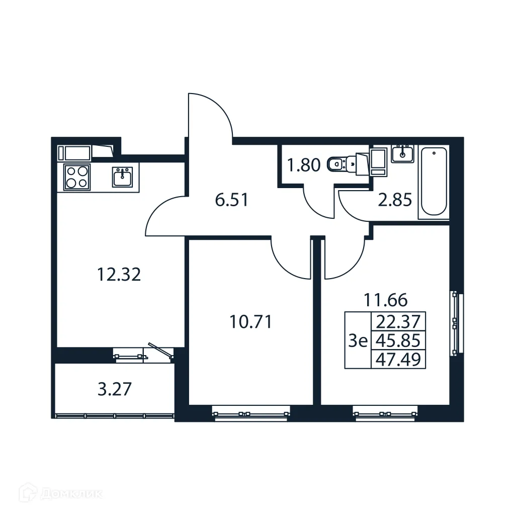 Планировка 2-комнатной квартиры 47.49 м² в ЖК "Полис ЛАВрики", г. Мурино — фото 4
