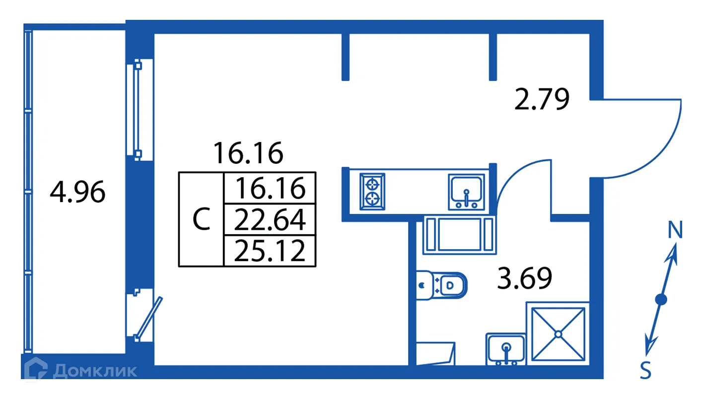 Планировка студии квартиры 25.12 м² в ЖК "Полис ЛАВрики", г. Мурино — фото 2