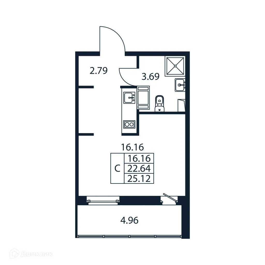 Планировка студии квартиры 25.12 м² в ЖК "Полис ЛАВрики", г. Мурино — фото 6