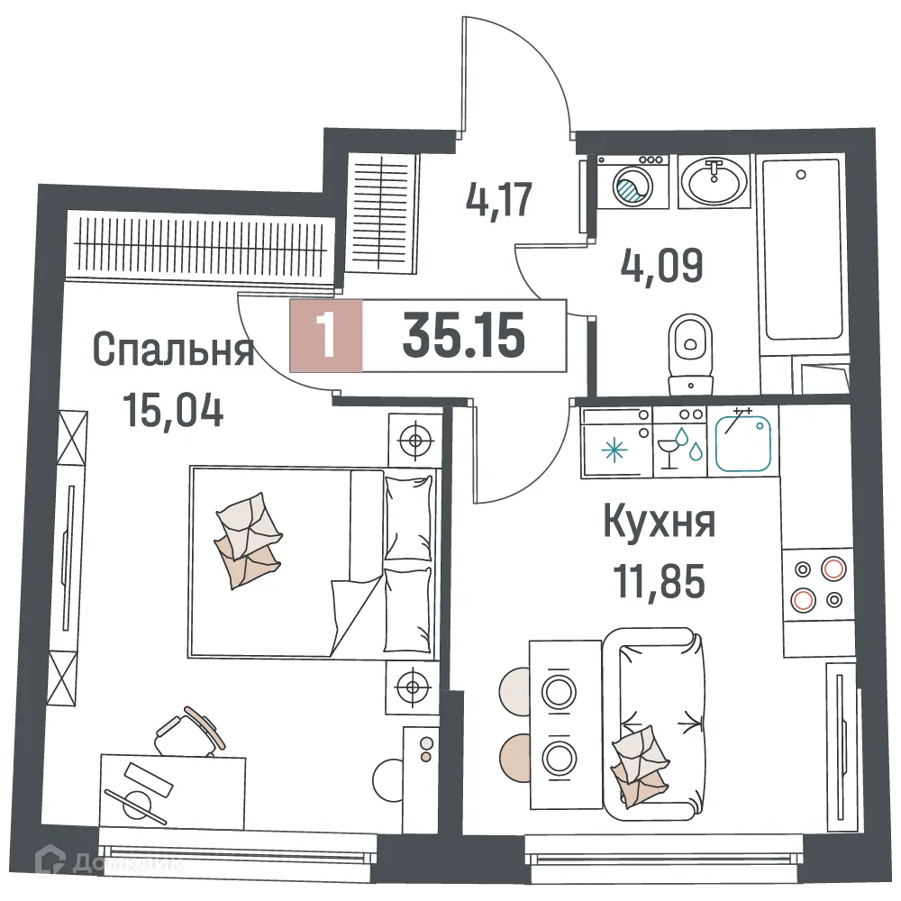 Планировка 1-комнатной квартиры 35.15 м² в ЖК "Авиатор", г. Мурино — фото 1