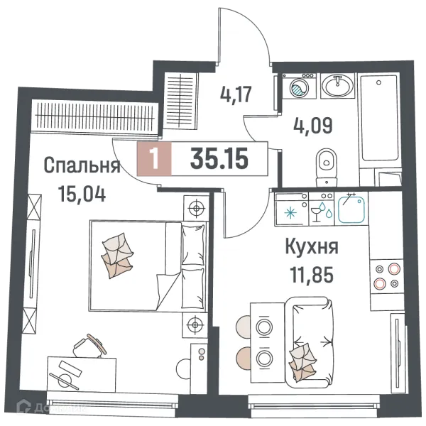 Планировка 1 комн. в ЖК "Авиатор"