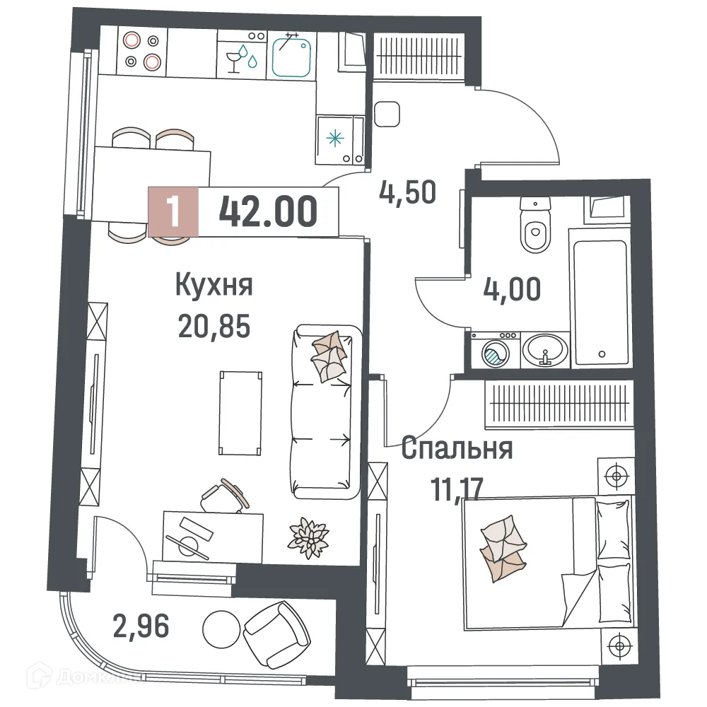 Планировка 1-комнатной квартиры 42 м² в ЖК "Авиатор", г. Мурино — фото 1