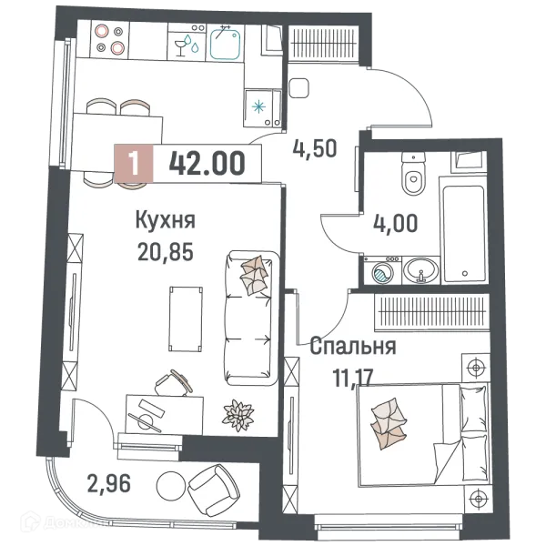 Планировка 1 комн. в ЖК "Авиатор"