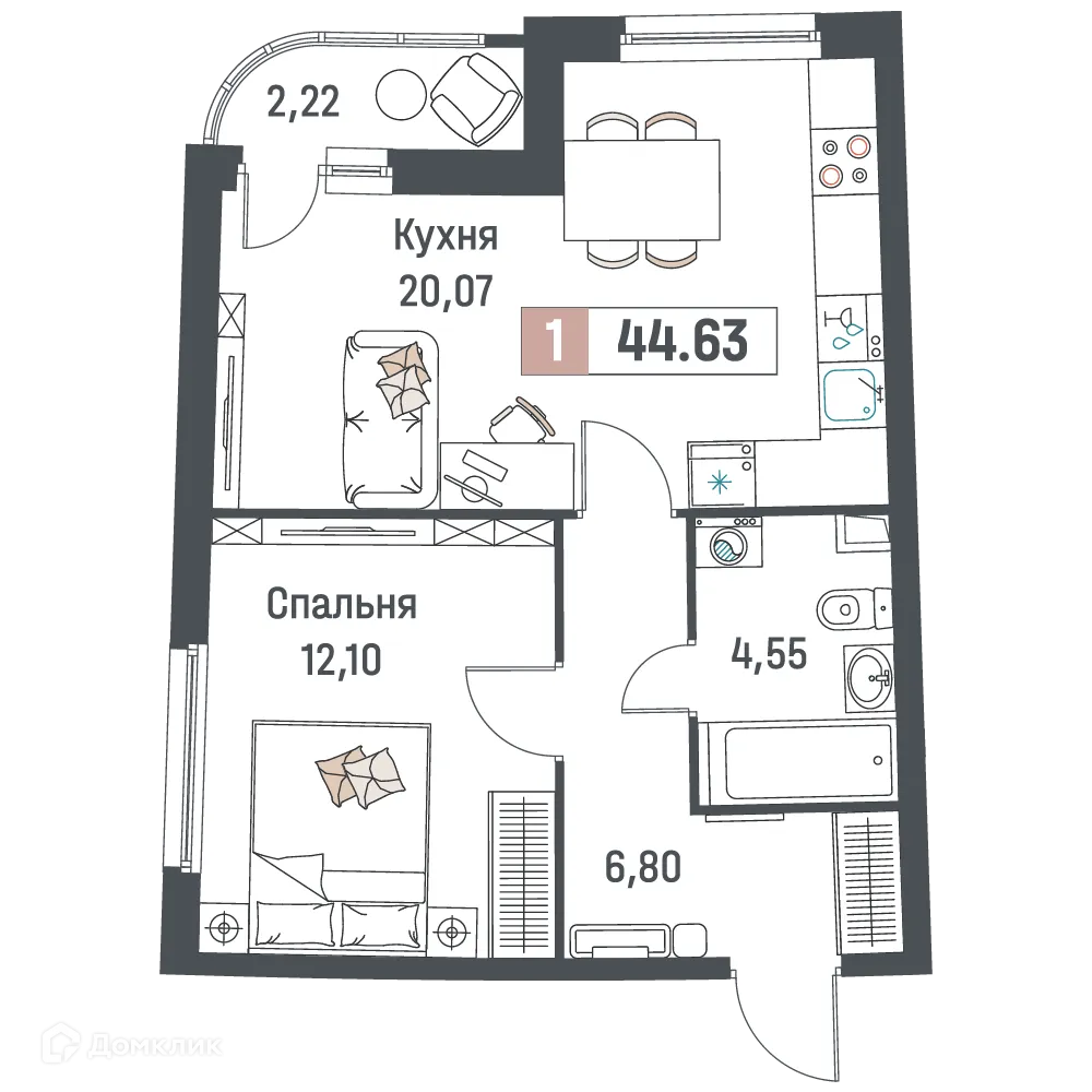 Планировка 1-комнатной квартиры 44.63 м² в ЖК "Авиатор", г. Мурино — фото 1