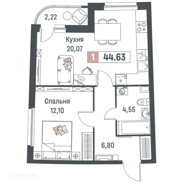 Планировка 1 комн. в ЖК "Авиатор"