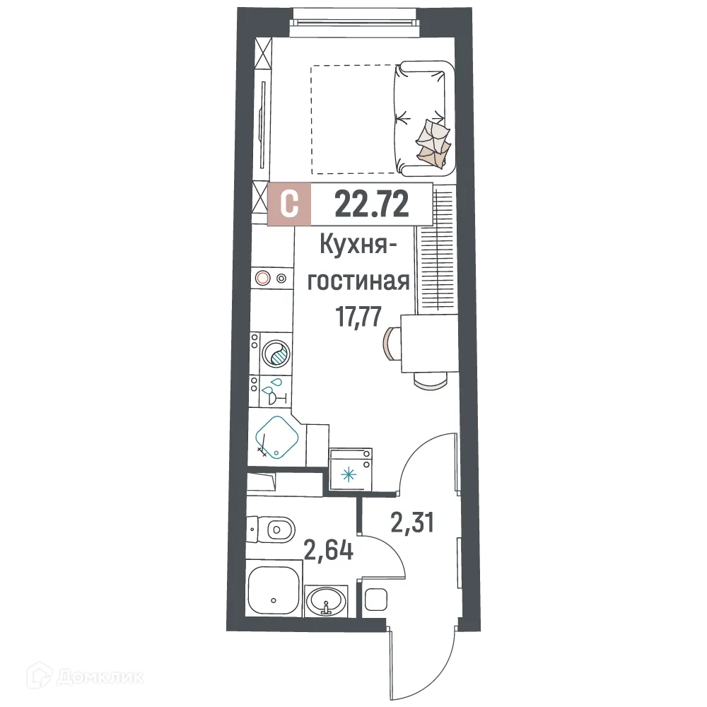 Планировка студии квартиры 22.72 м² в ЖК "Авиатор", г. Мурино — фото 1