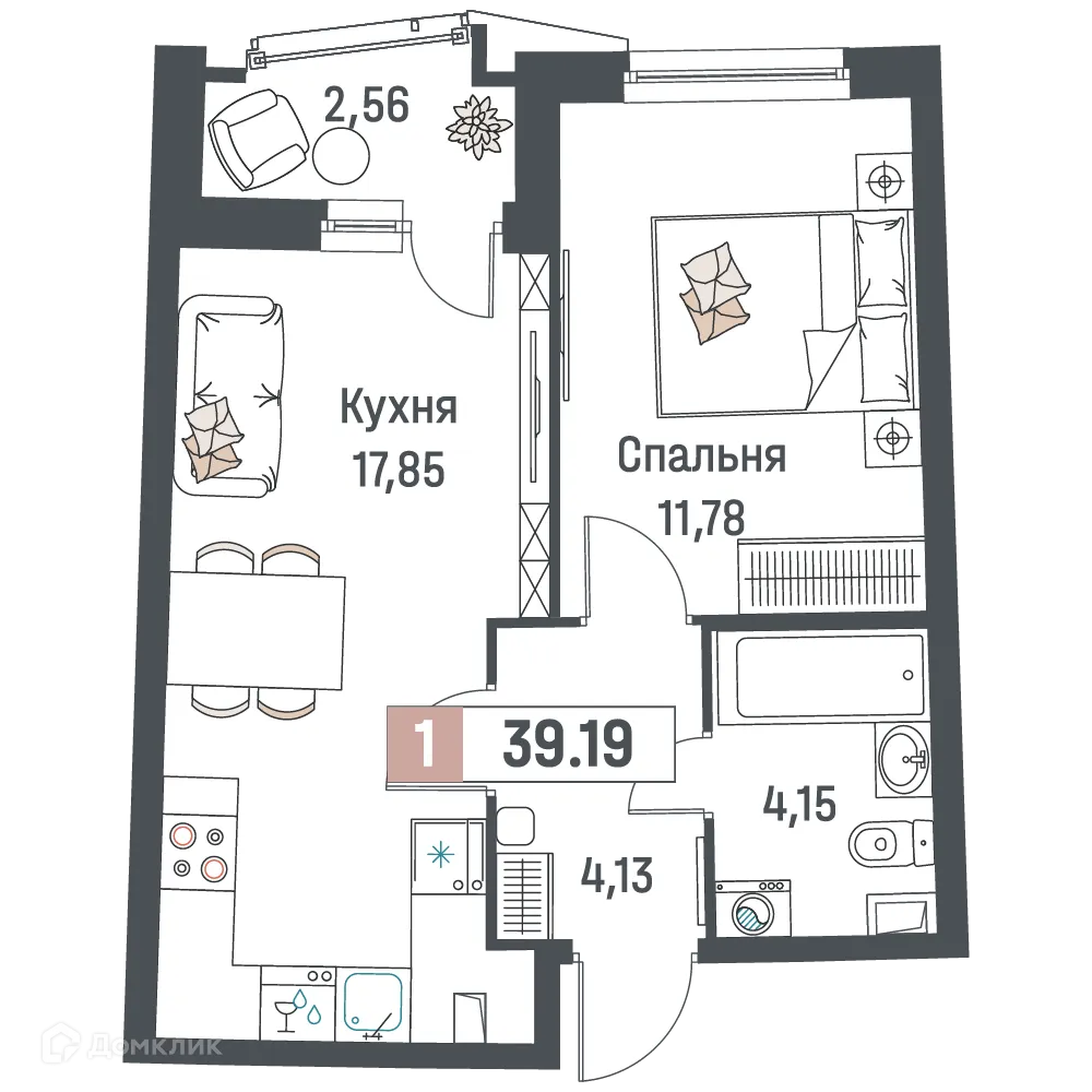 Планировка 1-комнатной квартиры 39.19 м² в ЖК "Авиатор", г. Мурино — фото 1